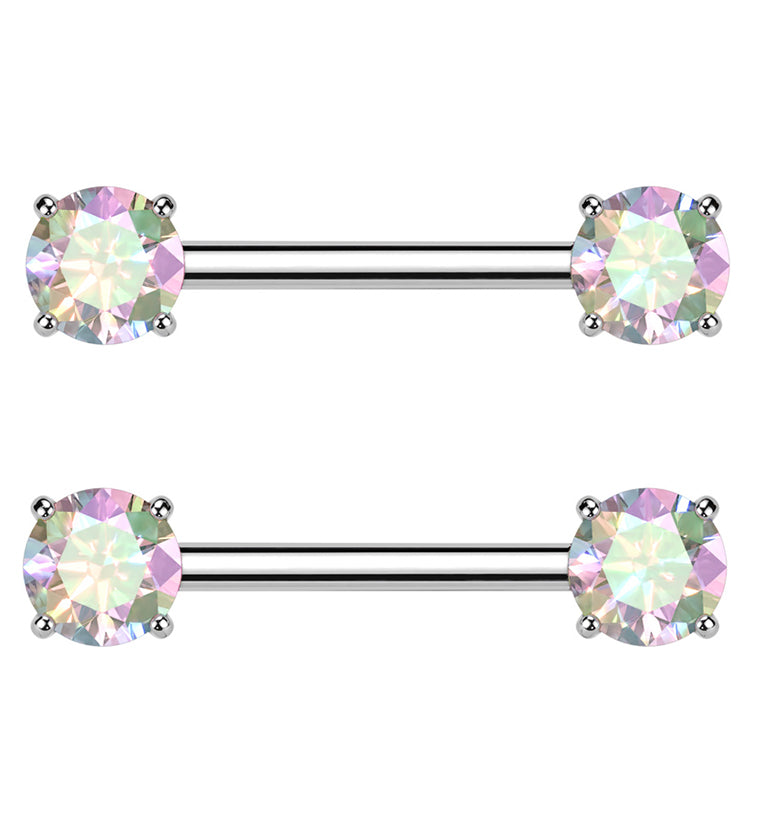 Prong Rainbow Aurora CZ Threadless Titanium Nipple Barbells