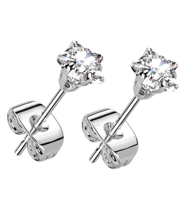 Prong Star Clear CZ Stainless Steel Stud Earrings