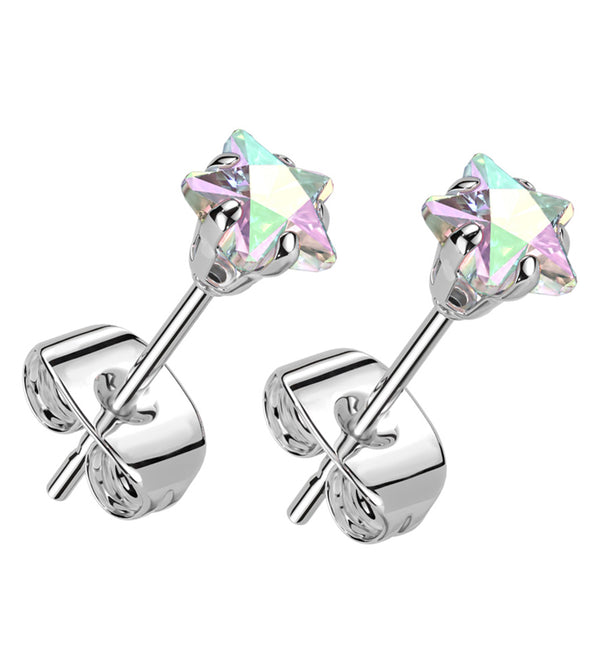Prong Star Rainbow Aurora CZ Stainless Steel Stud Earrings