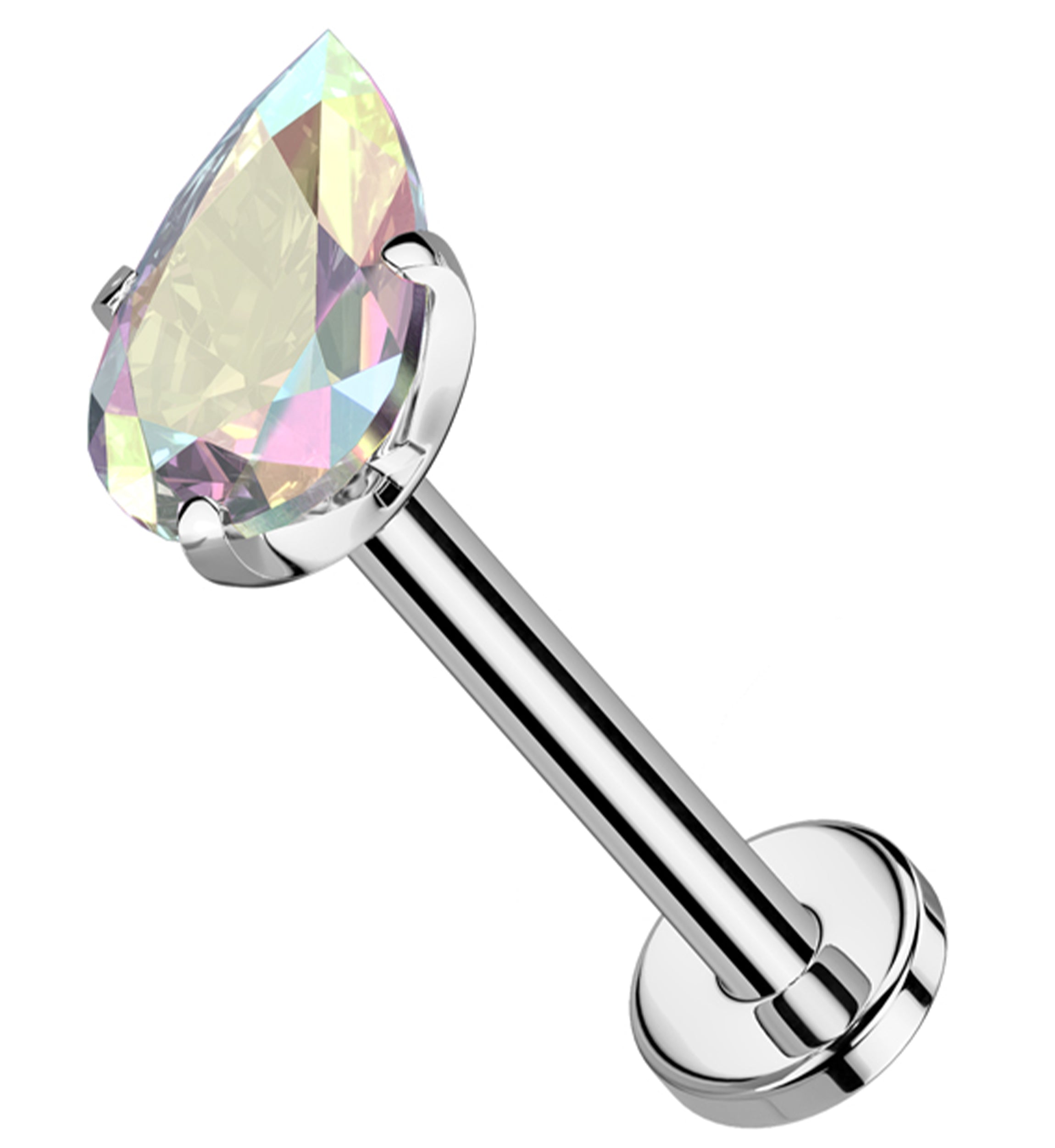Prong Teardrop Rainbow Aurora CZ Threadless Titanium Flat Disk Labret