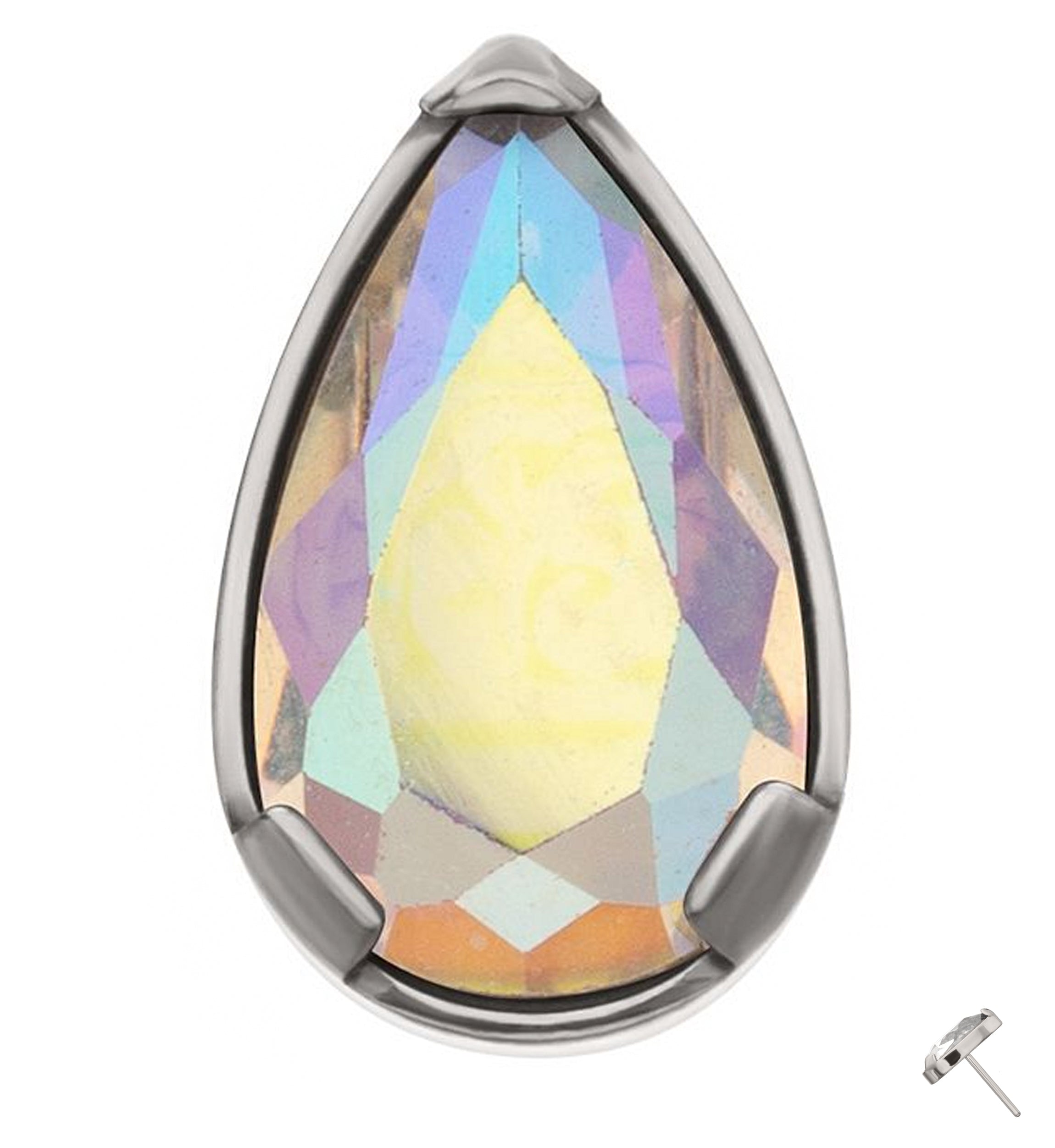 Prong Teardrop Rainbow Aurora CZ Titanium Threadless Top