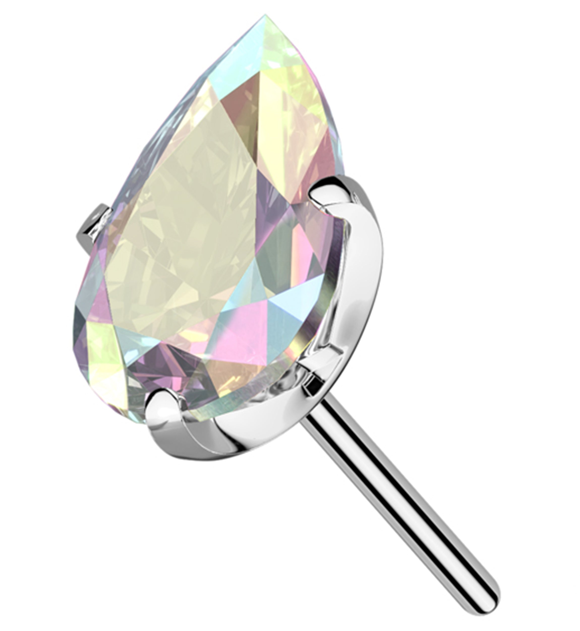 Prong Teardrop Rainbow Aurora CZ Titanium Threadless Top
