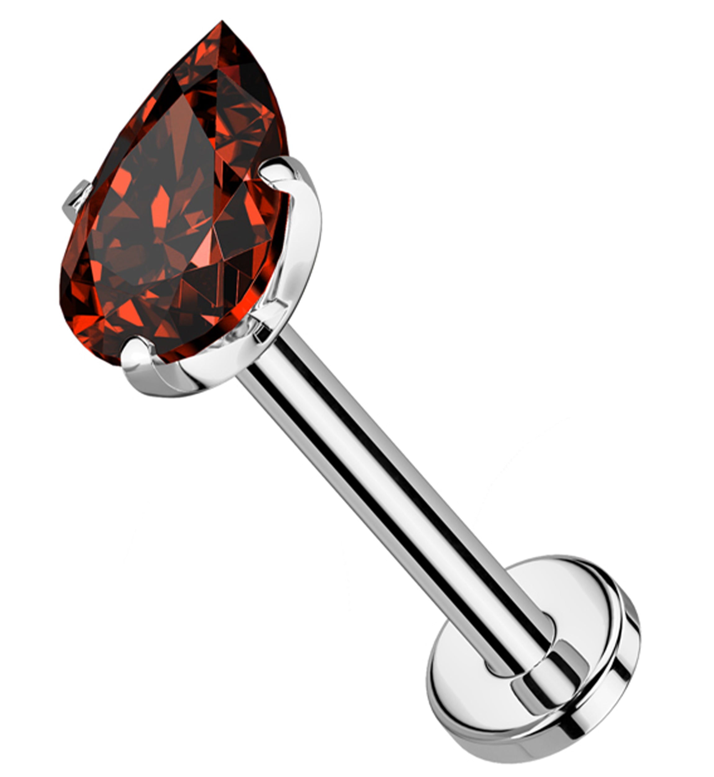 Prong Teardrop Red CZ Threadless Titanium Flat Disk Labret