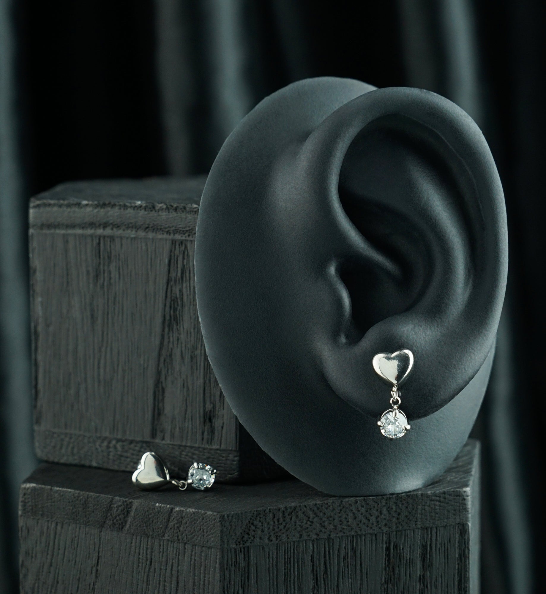 Puff Heart CZ Dangle Stainless Steel Stud Earrings