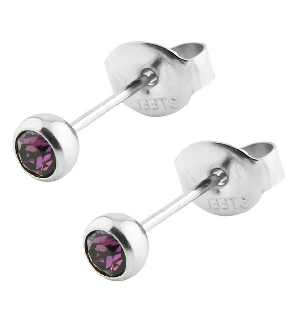 Purple Bezel CZ Stainless Steel Stud Earrings