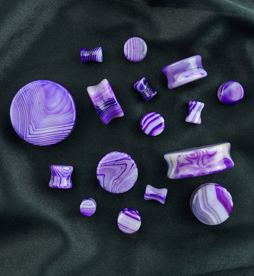 Purple Line Agate Stone Plugs (8 Gauge - 1 & 1/4
