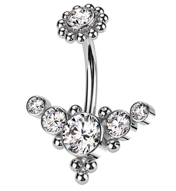 Quinary Curve Clear CZ Beaded Top Internally Threaded Stainless Steel Belly Button Ring