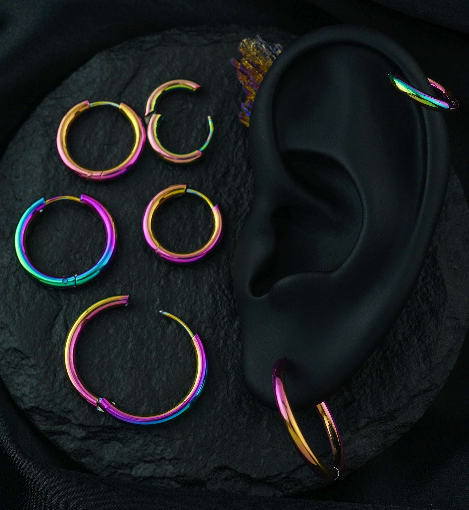 Rainbow Anodized Stainless Steel Hinged Hoop Earrings