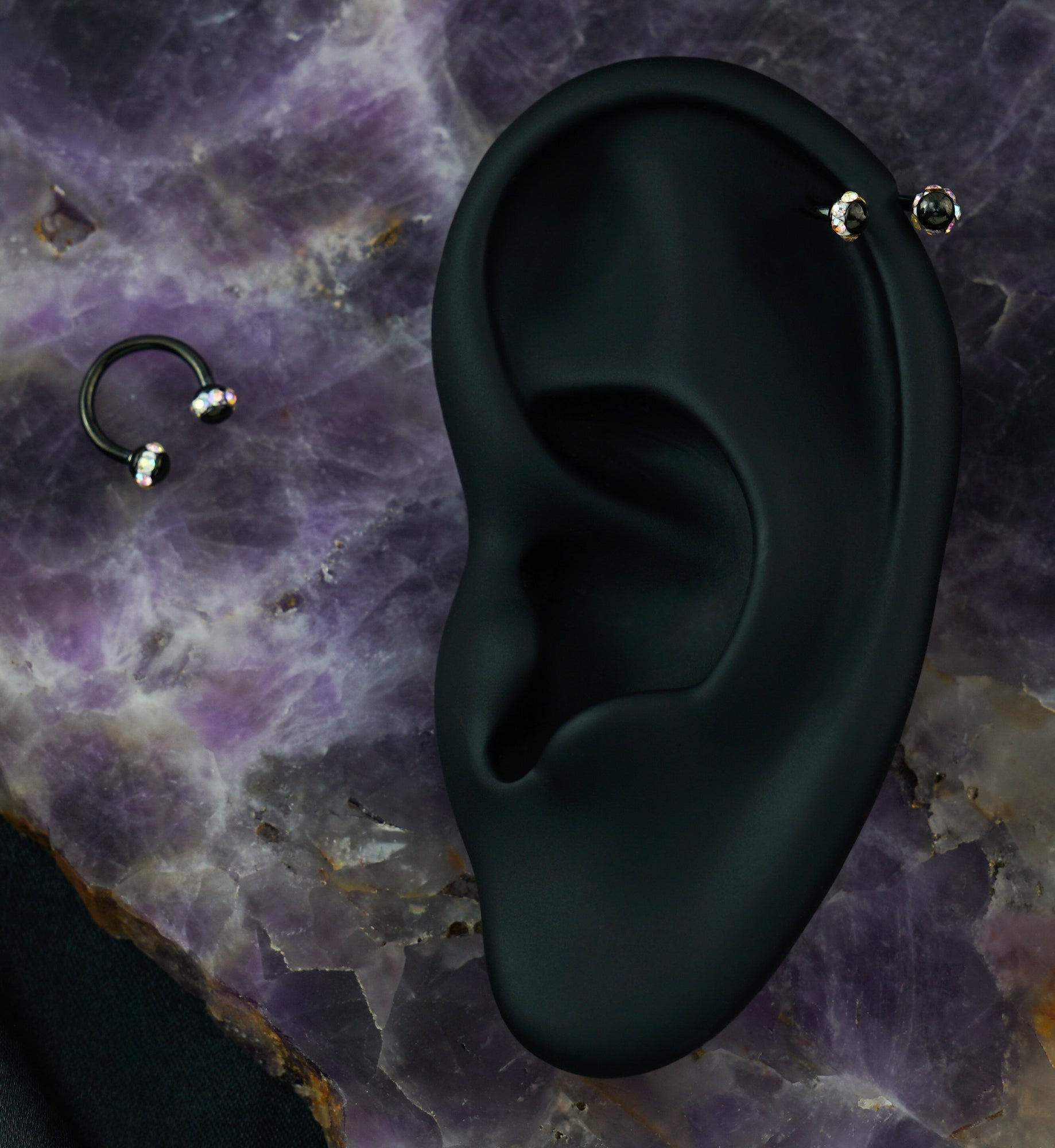 Rainbow Aurora Gem Orb Black Circular Barbell