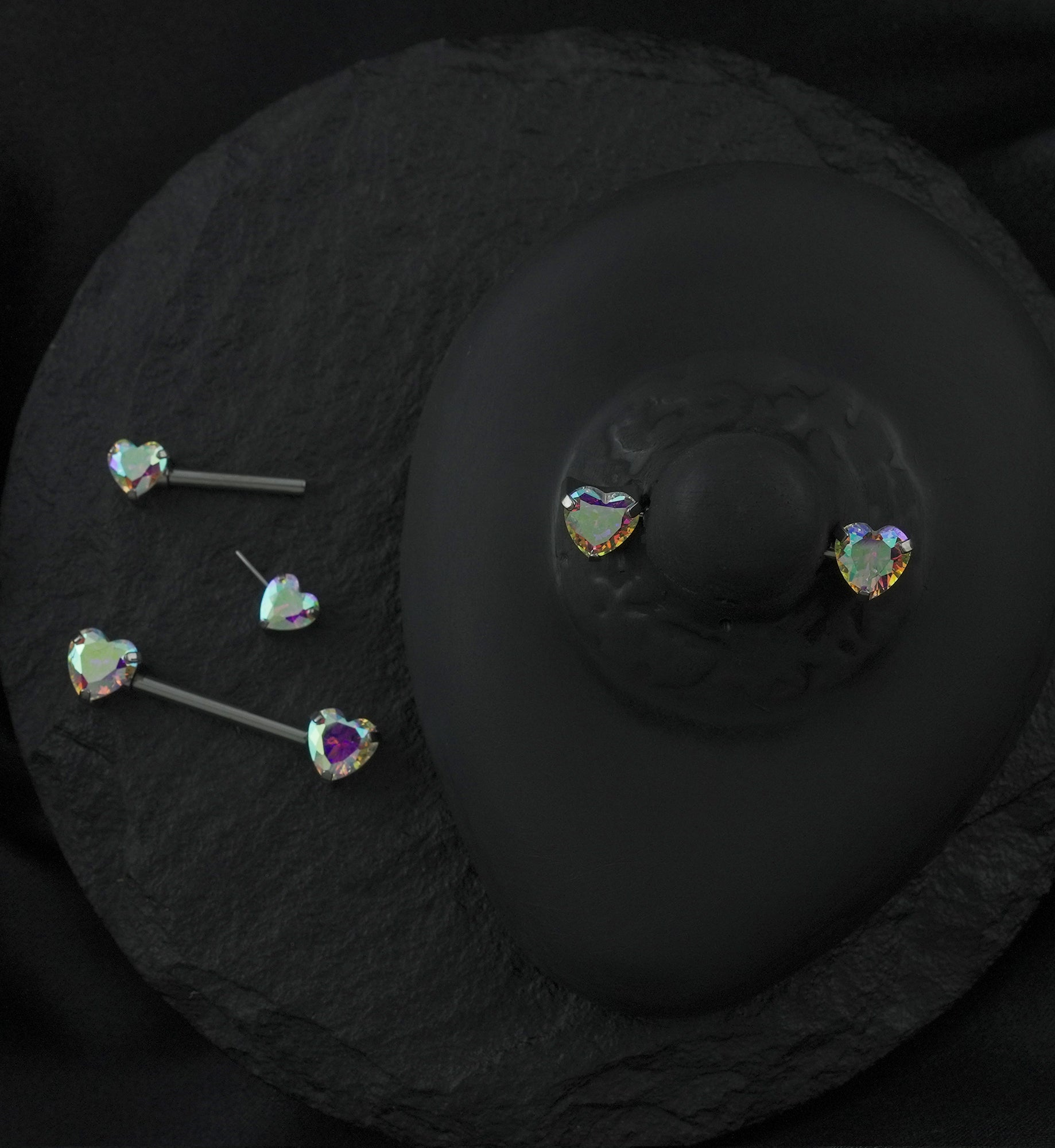 Rainbow Aurora Heart CZ Threadless Titanium Nipple Barbell