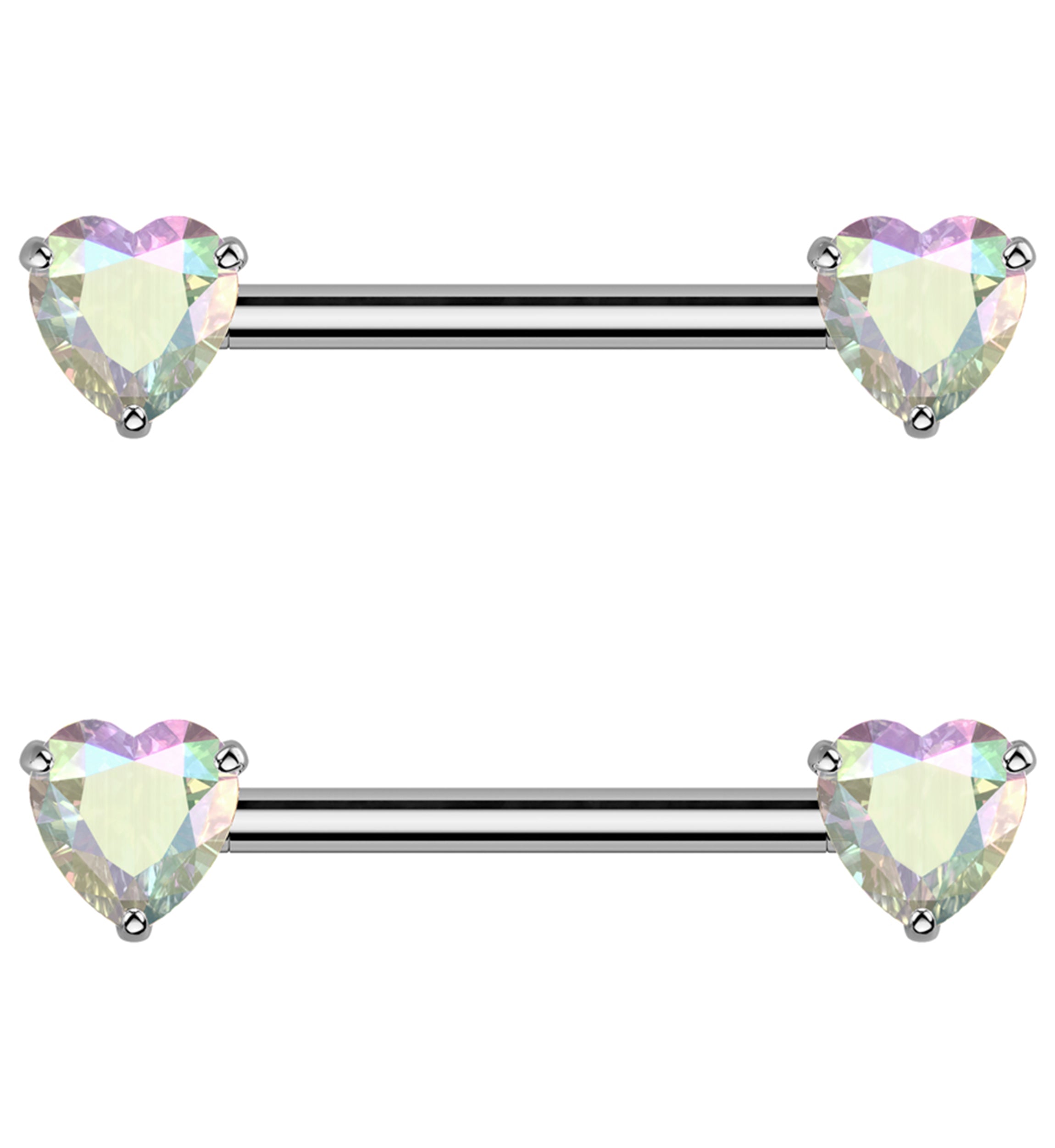 Rainbow Aurora Heart CZ Threadless Titanium Nipple Barbell
