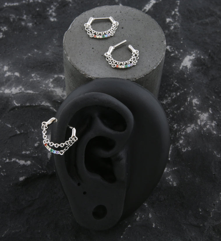 Rainbow CZ Dangle Chain Stainless Steel Hinged Segment Ring