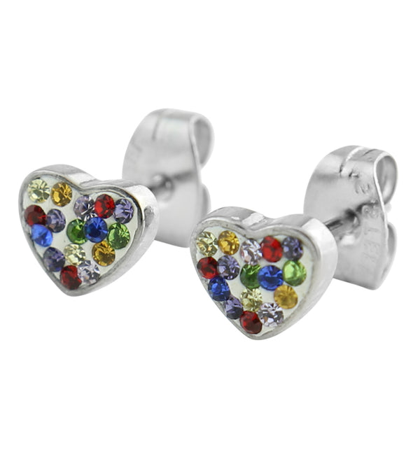 Heart Rainbow CZ Stainless Steel Stud Earrings