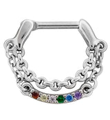 Rainbow CZ Dangle Chain Stainless Steel Hinged Segment Ring