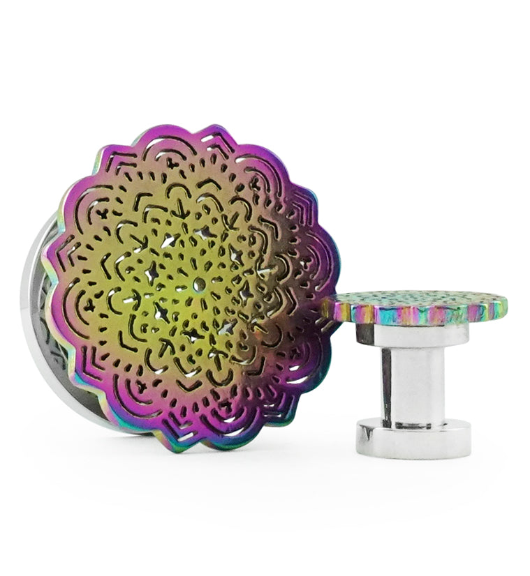 Rainbow Mandala Flower Top Stainless Steel Plugs