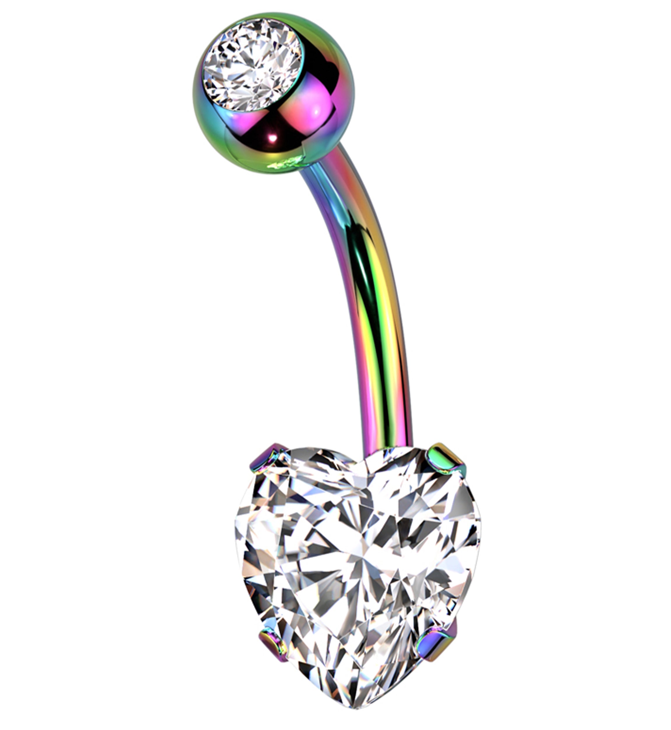 Rainbow PVD Clear CZ Heart Belly Button Ring