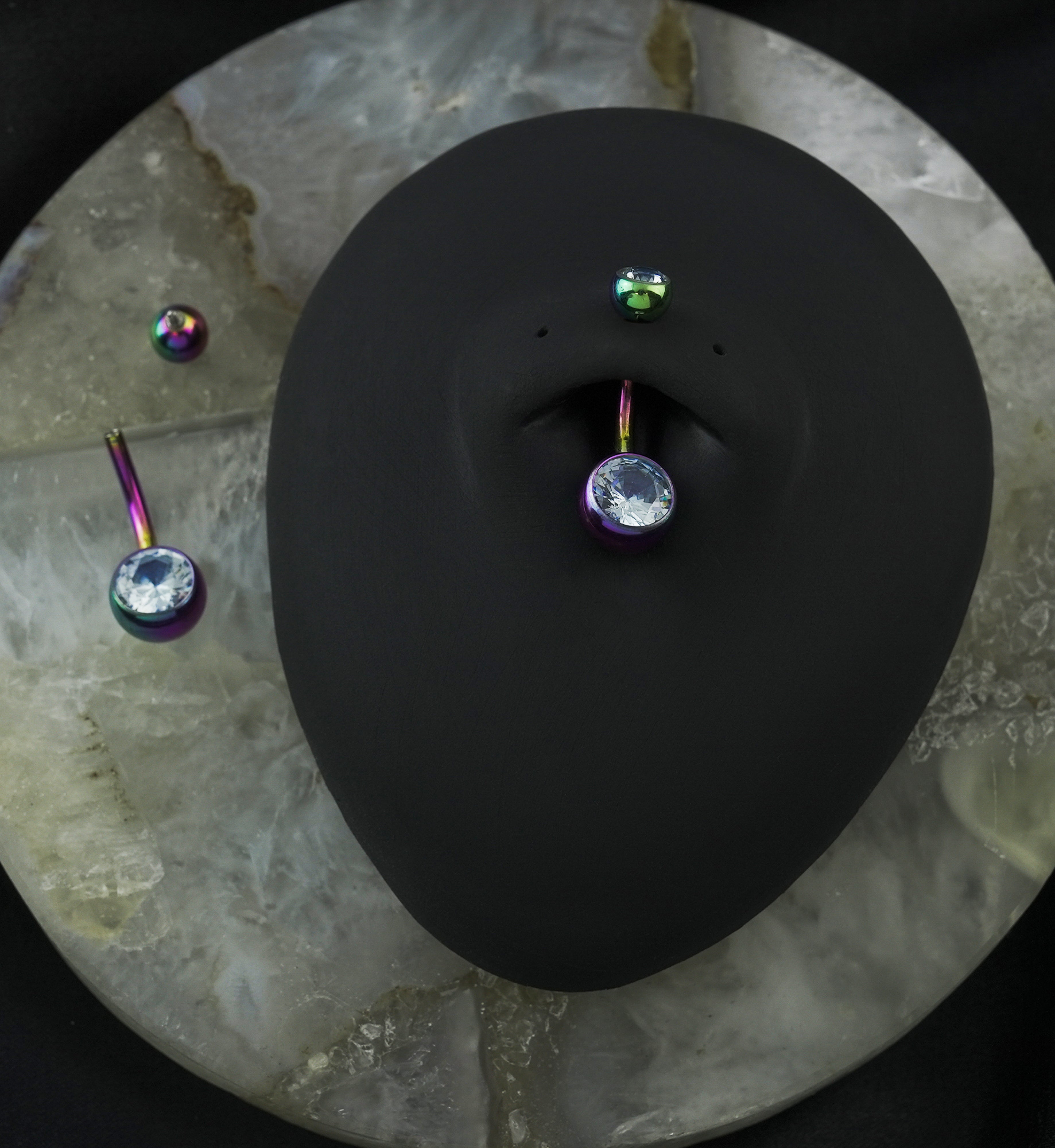 Rainbow PVD Internally Threaded Titanium CZ Belly Button Ring