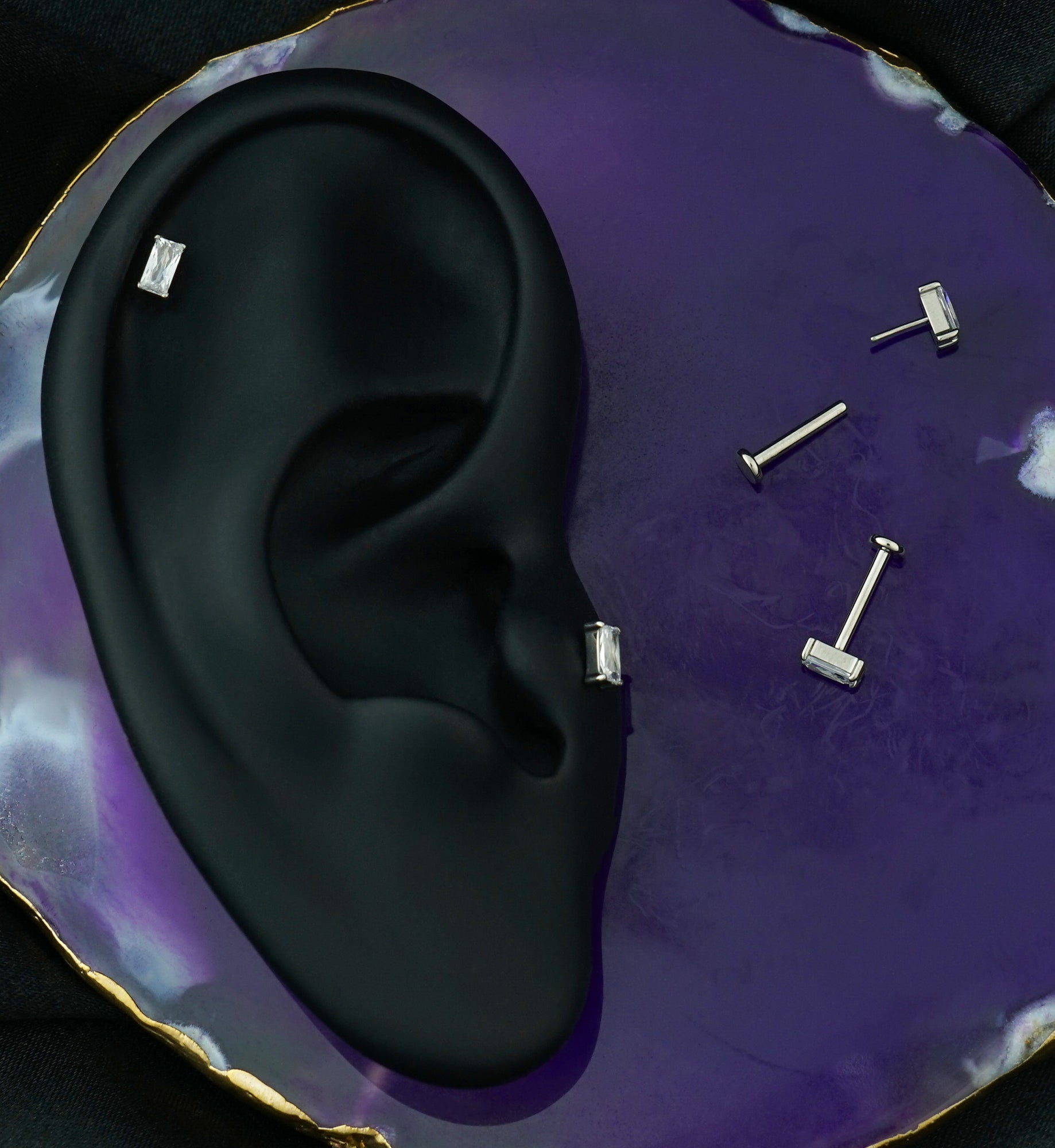 Rectangle Clear CZ Threadless Titanium Labret