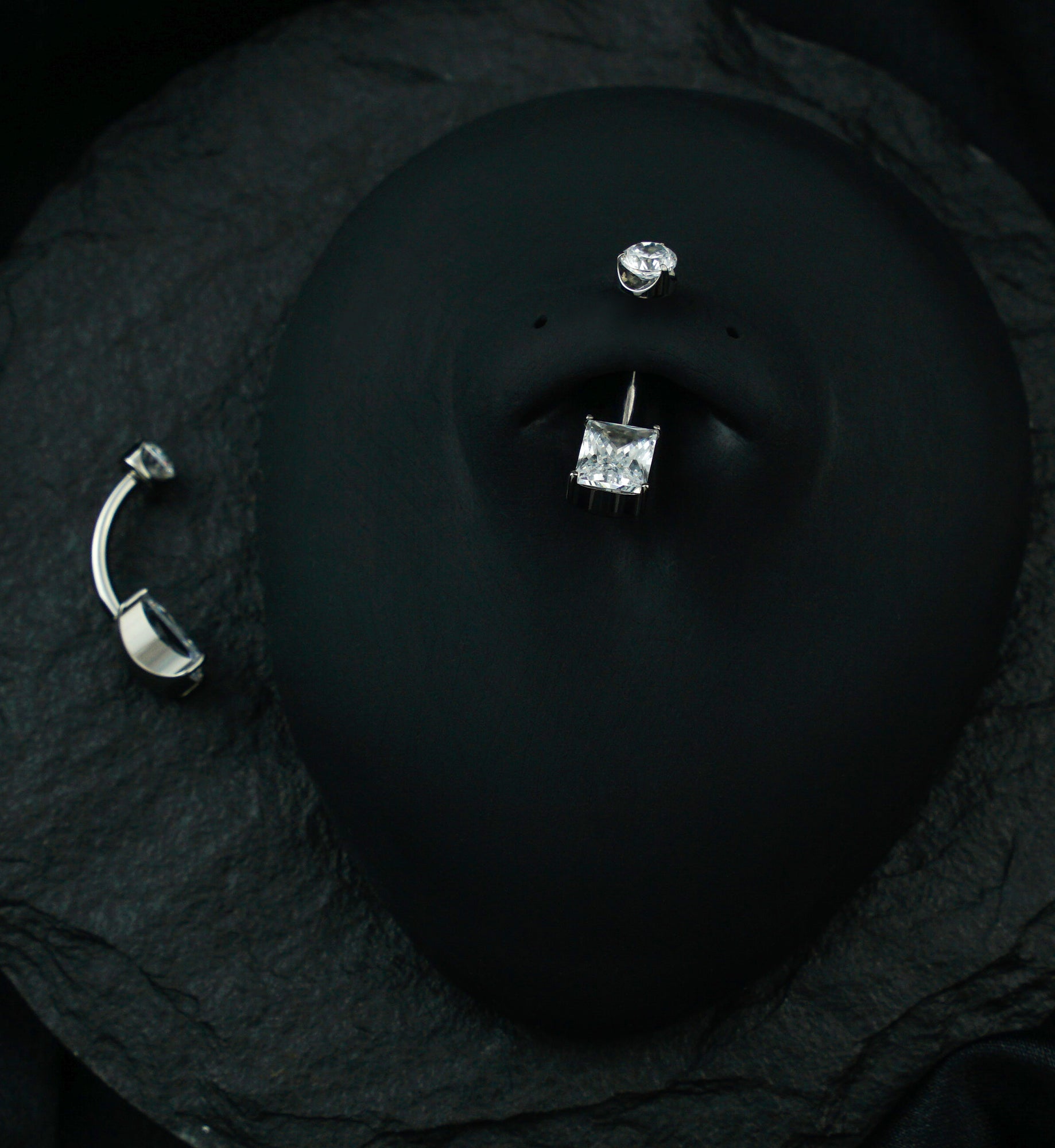 Rectangle Semi-Bezel Clear CZ Titanium Internally Threaded Belly Button Ring