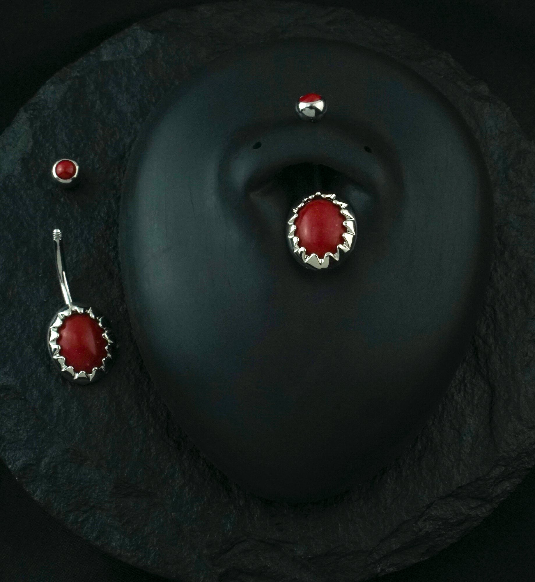 Red Coral Cabochon Stone Stainless Steel Belly Button Ring