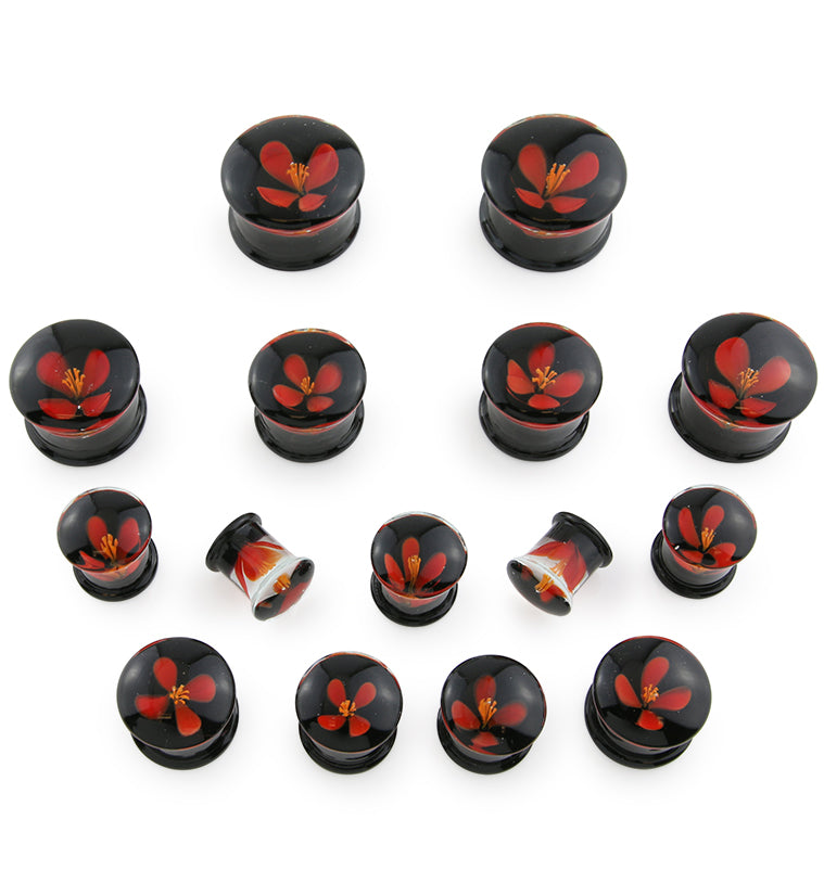 Red Poppy Flower Black Glass Double Flare Plugs