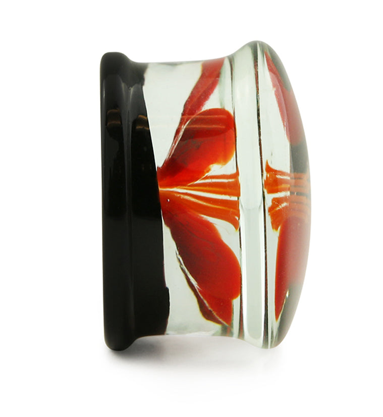 Red Poppy Flower Black Glass Double Flare Plugs