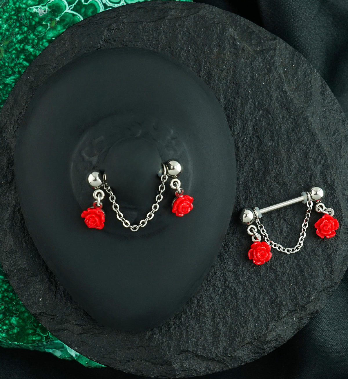 Red Rose Dangle Chain Stainless Steel Nipple Barbell