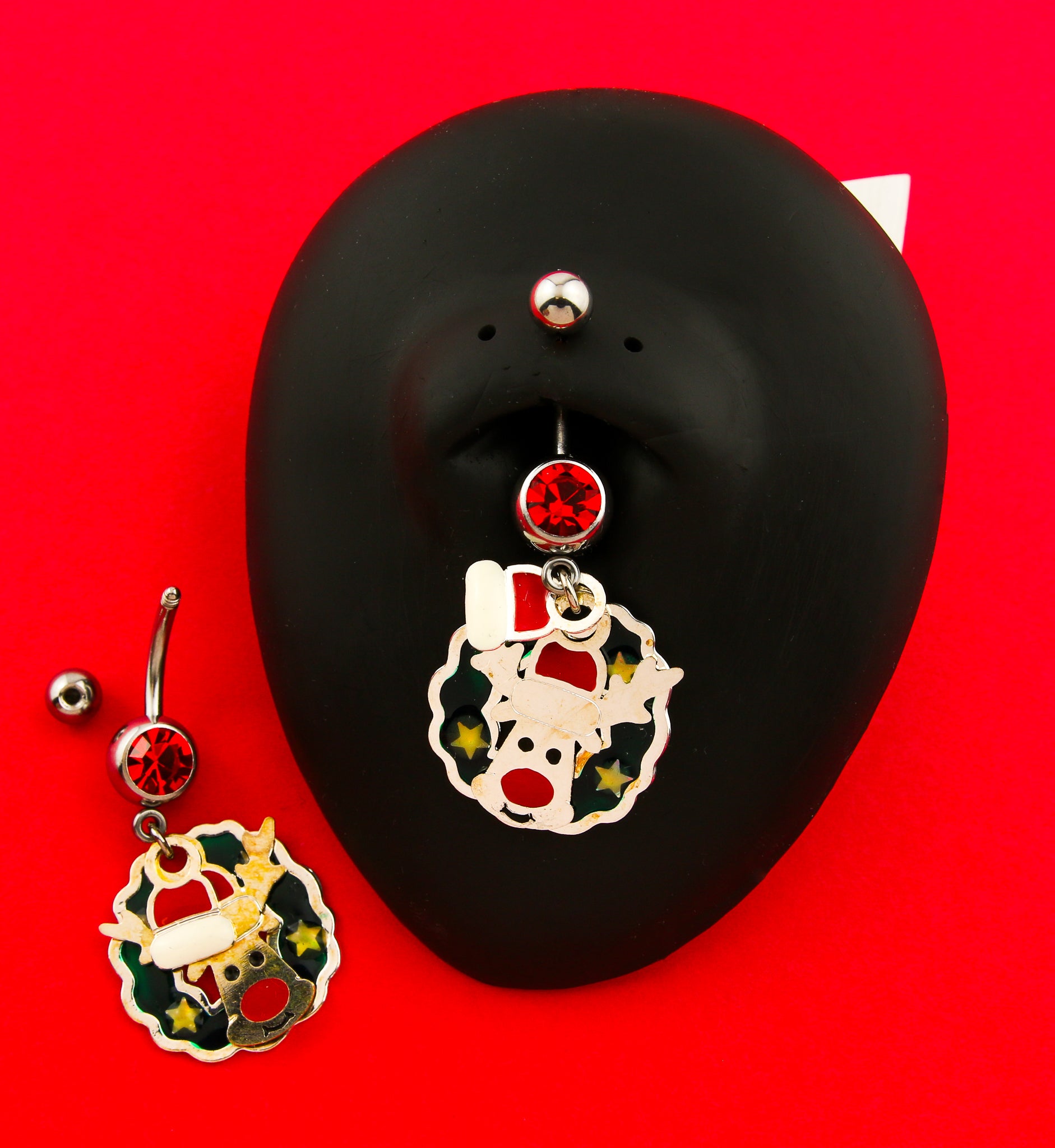 Reindeer Wreath Dangle Red CZ Stainless Steel Belly Button Ring