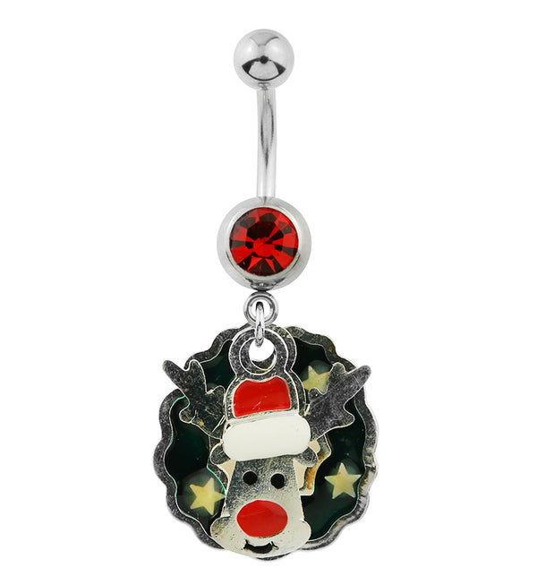 Reindeer Wreath Dangle Red CZ Stainless Steel Belly Button Ring