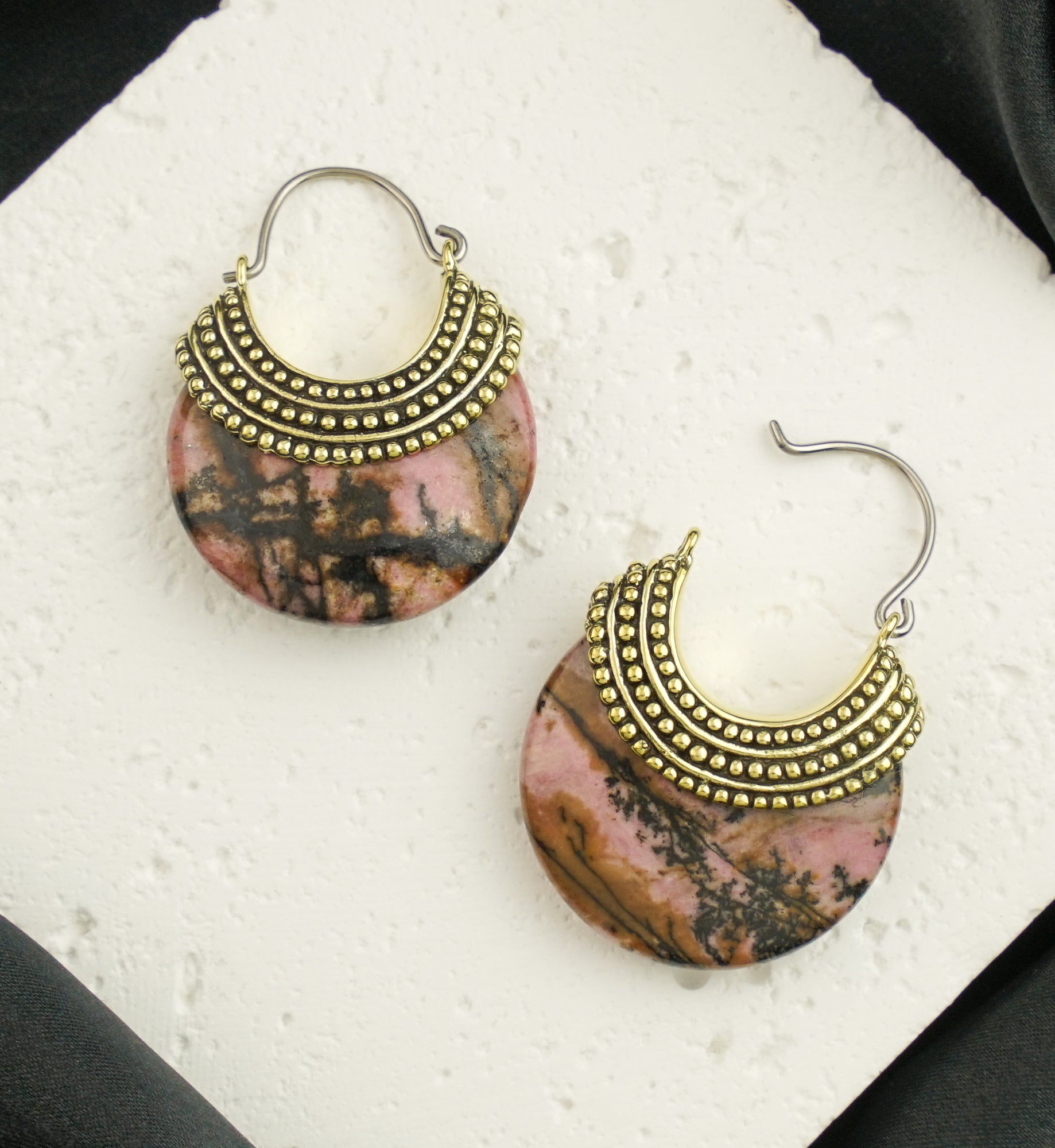 Rhodonite Beaded Brass Stone Earrings