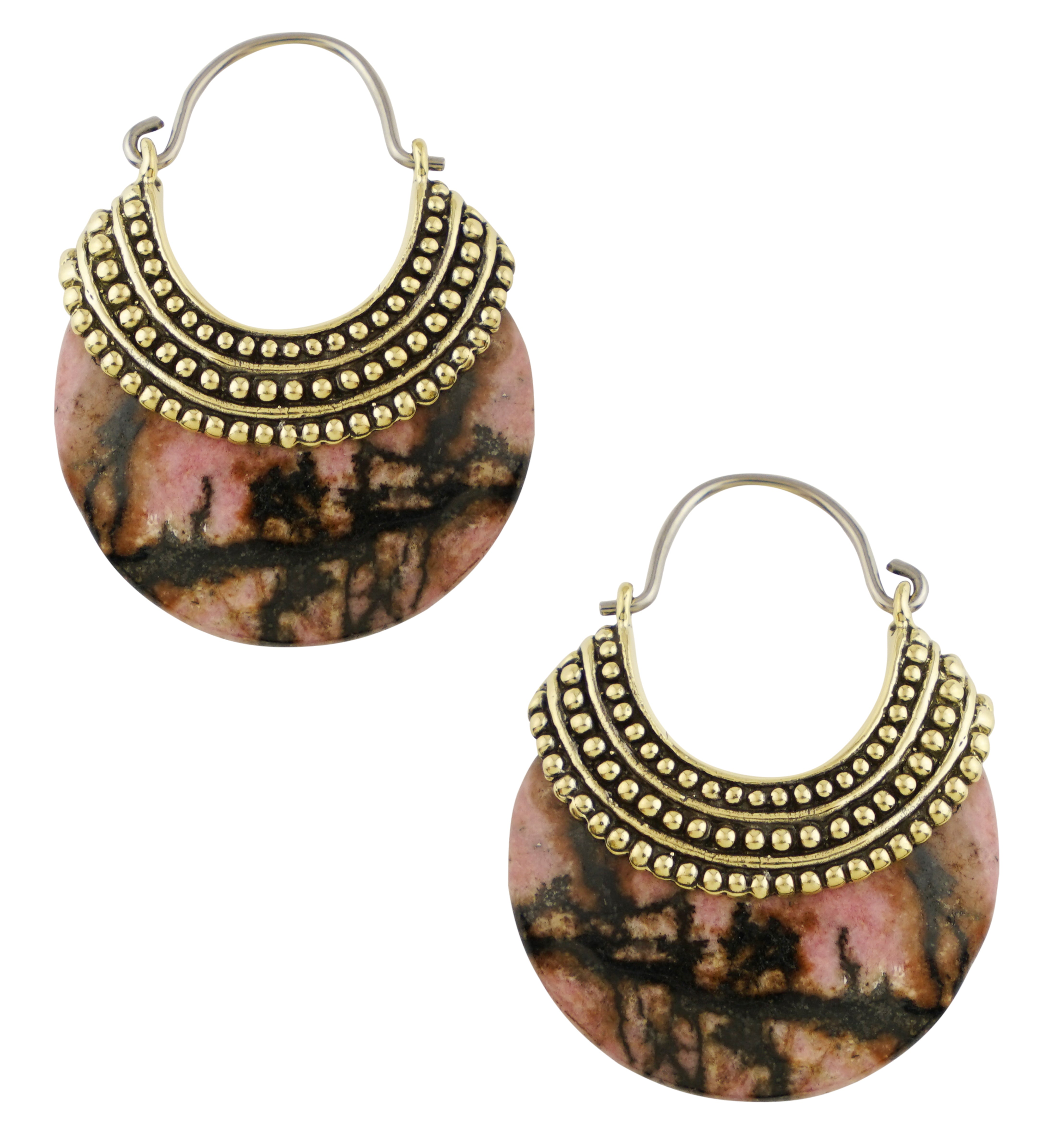 Rhodonite Beaded Brass Stone Earrings