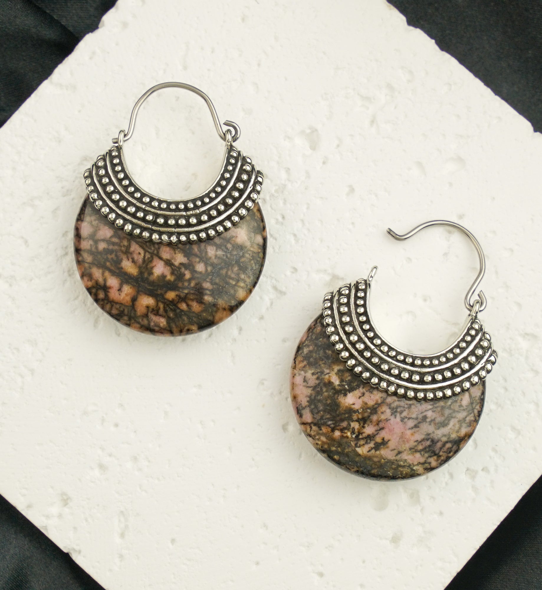 Rhodonite Beaded White Brass Stone Earrings