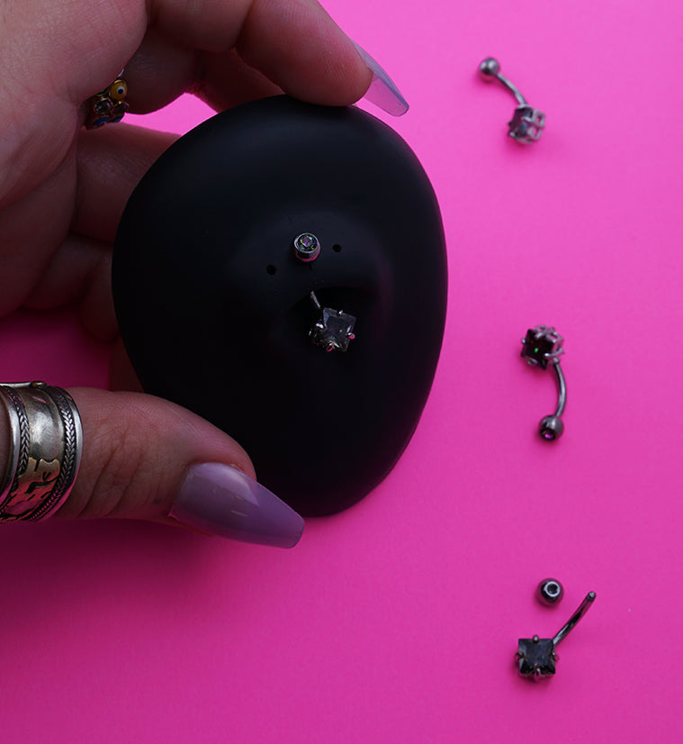 Rhombus Brass Prong Black Aurora CZ Titanium Belly Button Ring