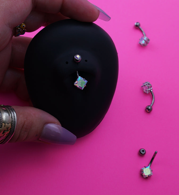 Rhombus Brass Prong Rainbow Aurora CZ Titanium Belly Button Ring