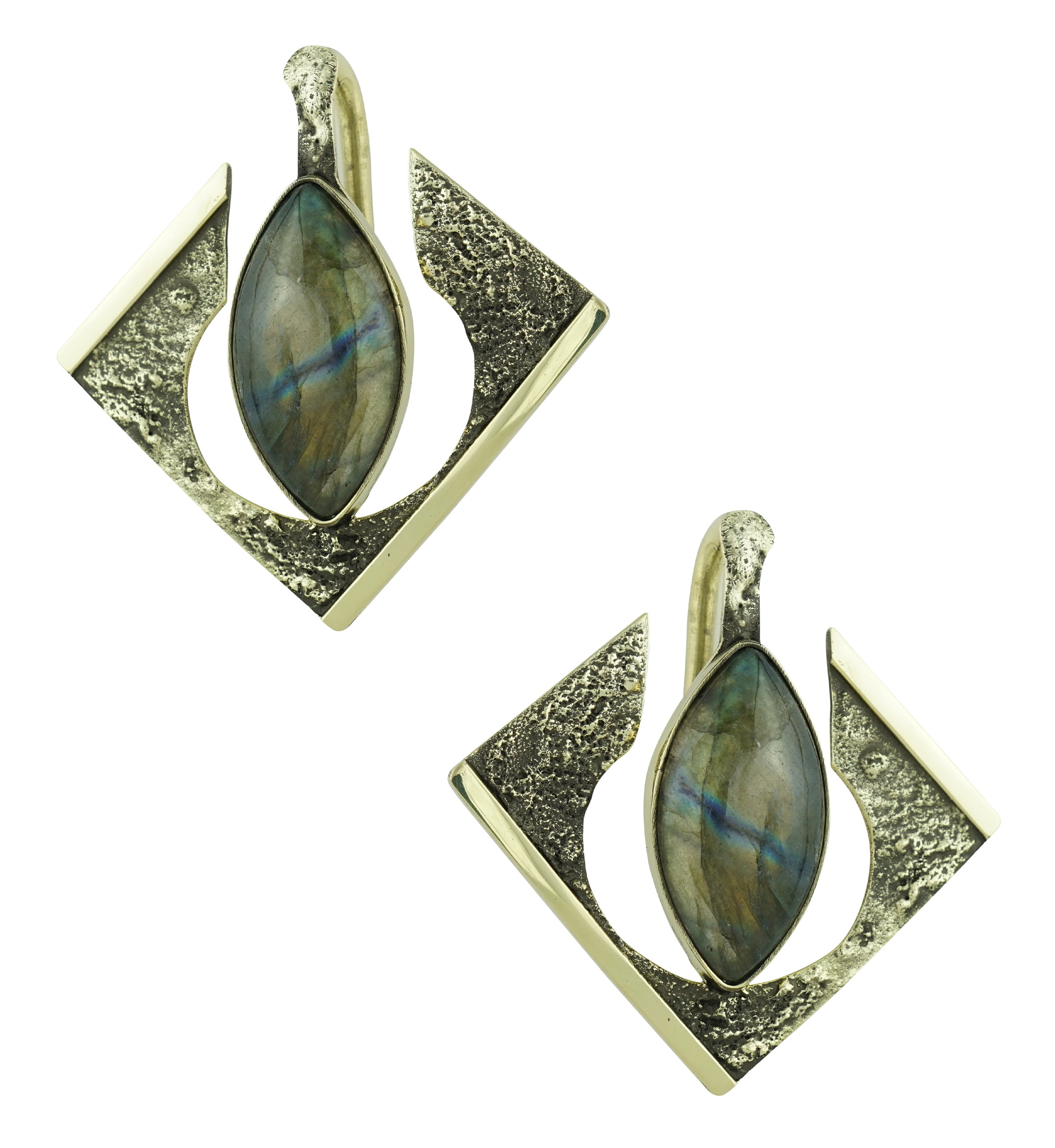Rhombus Hammered Ellipse Labradorite Stone Inlay Brass Ear Hangers