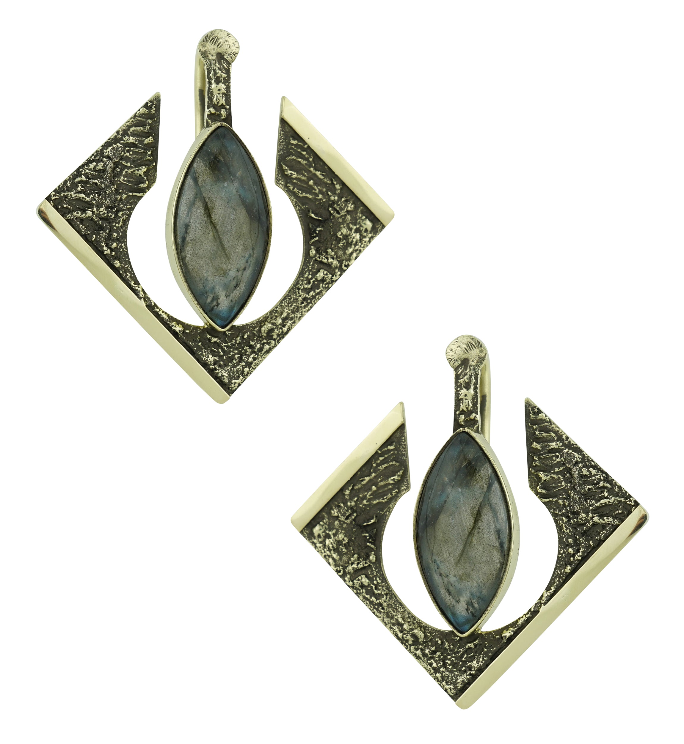 Rhombus Hammered Ellipse Labradorite Stone Inlay Brass Ear Hangers