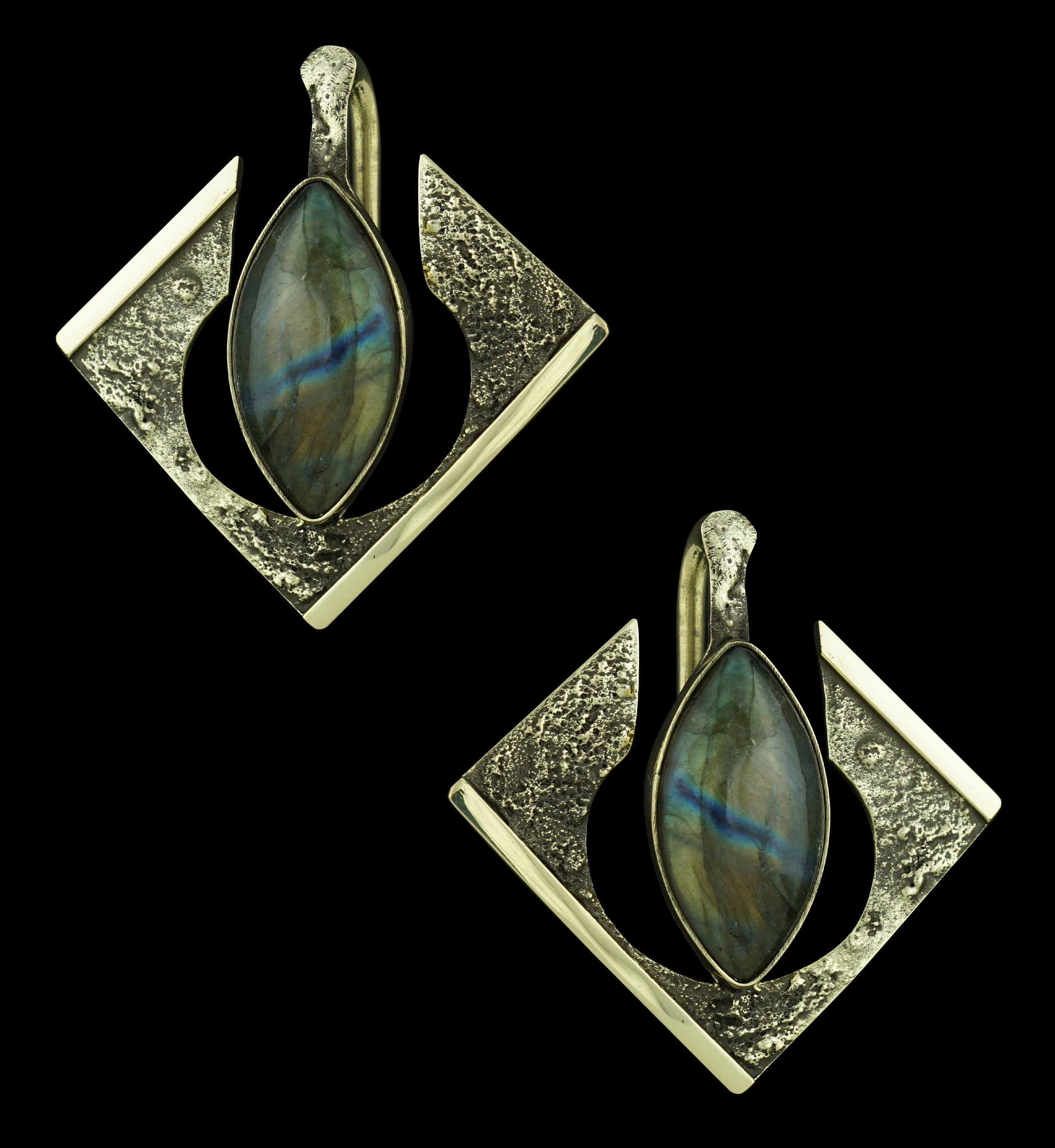 Rhombus Hammered Ellipse Labradorite Stone Inlay Brass Ear Hangers