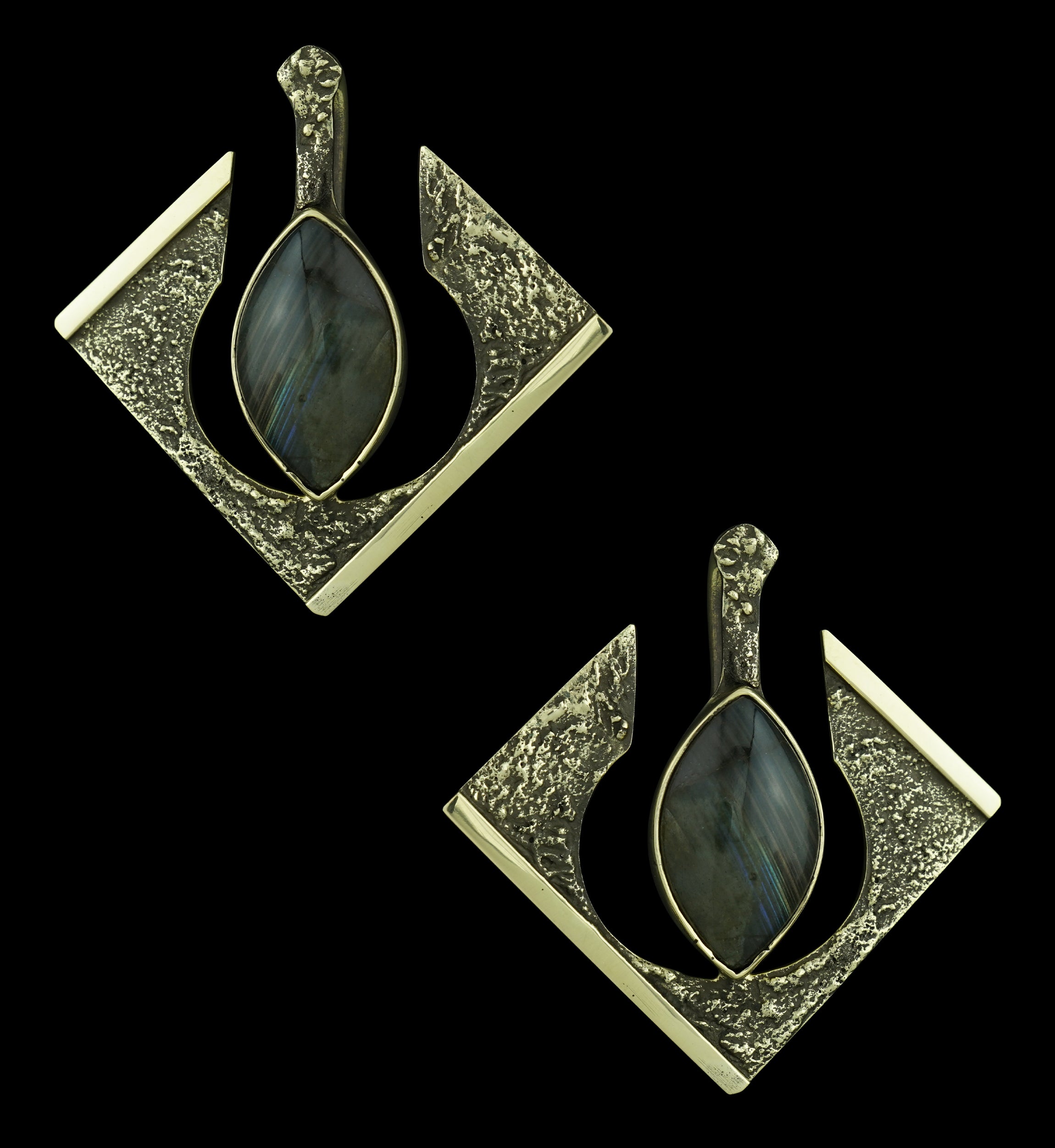 Rhombus Hammered Ellipse Labradorite Stone Inlay Brass Ear Hangers