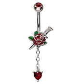 Rose And Dagger Heart CZ Dangle Stainless Steel Belly Button Ring