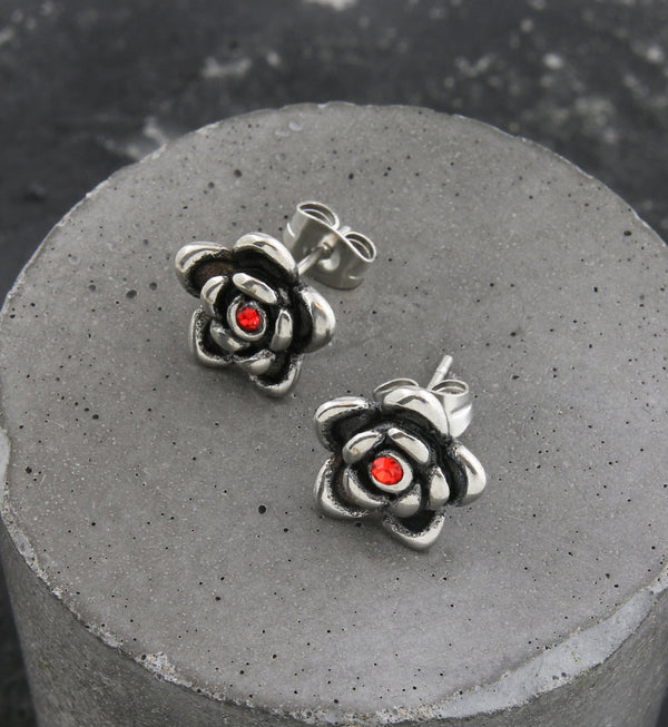 Rose Blossom Red CZ Stainless Steel Stud Earrings