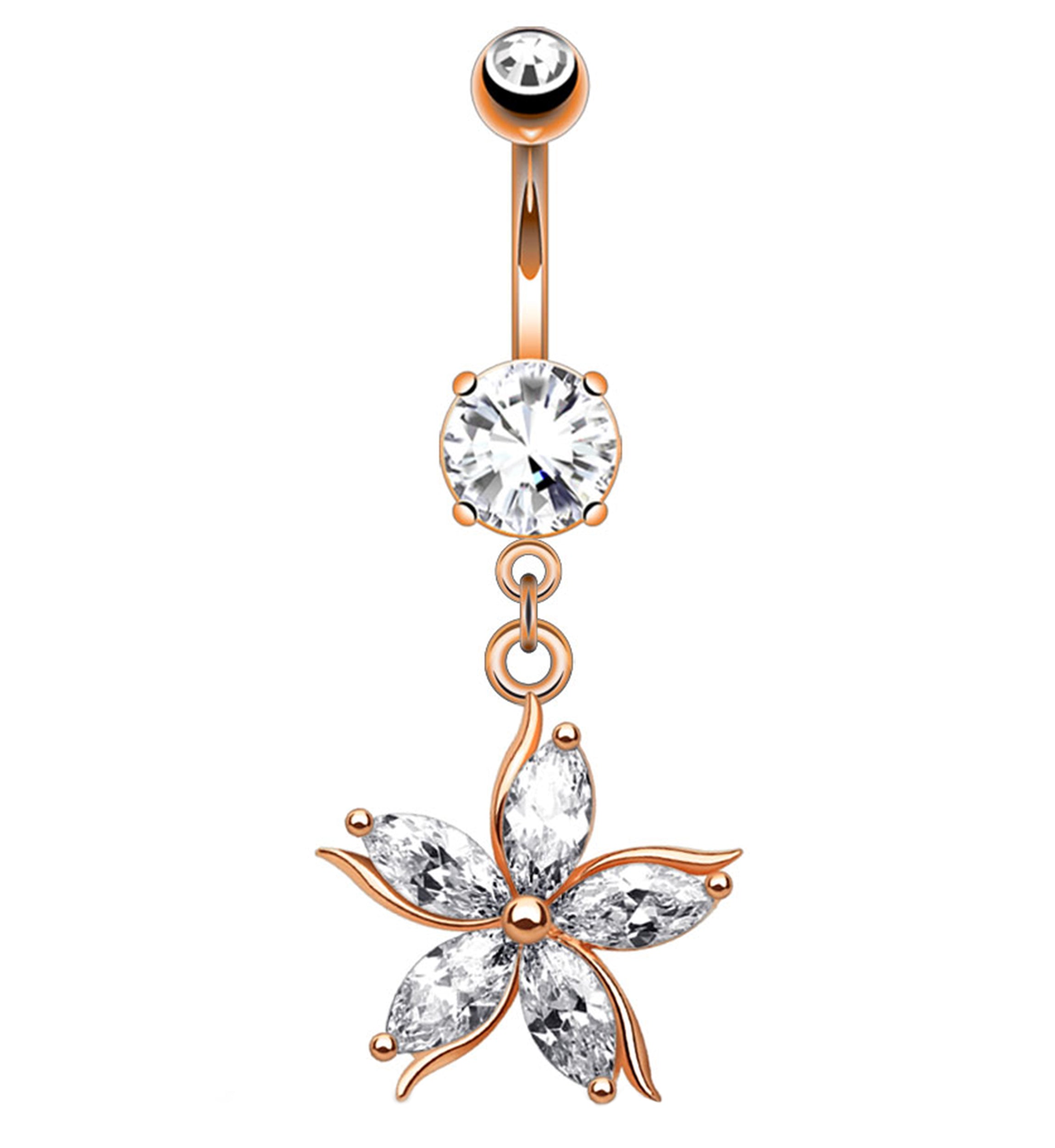 Rose Gold PVD Floral CZ Stainless Steel Belly Button Ring