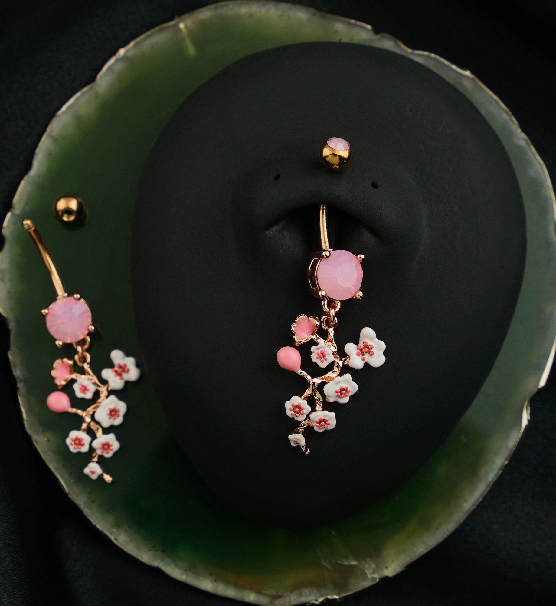 Rose Gold PVD Cherry Blossom Vine Rose Quartz CZ Stainless Steel Belly Button Ring