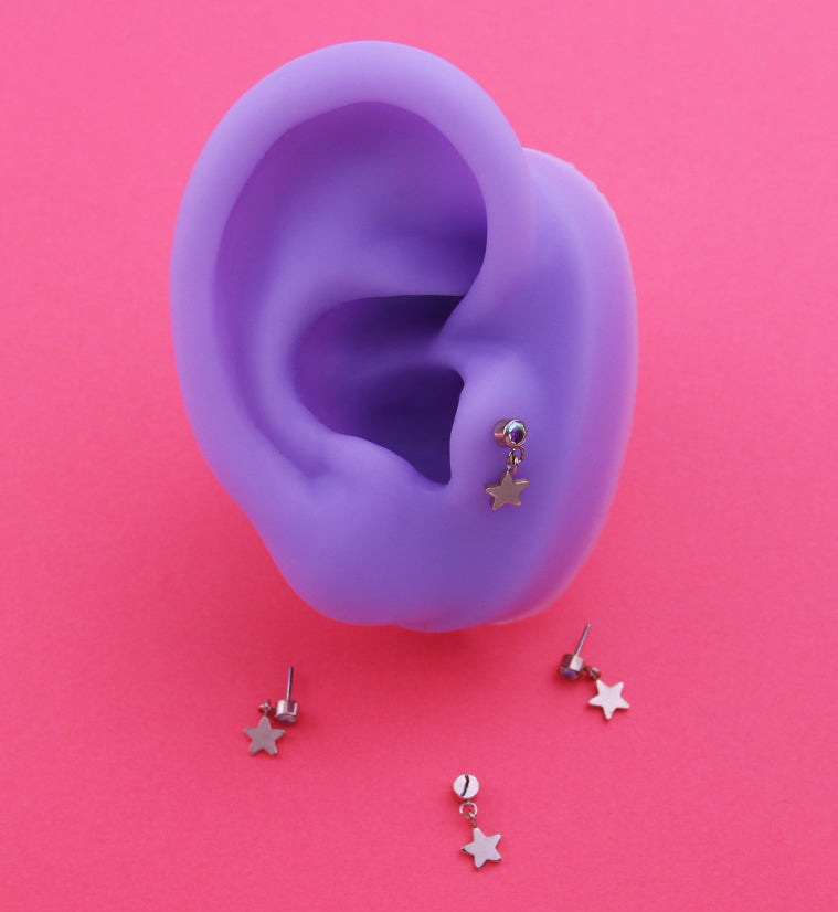 Rose Gold PVD Rainbow Aurora CZ Dangle Star Titanium Threadless Top