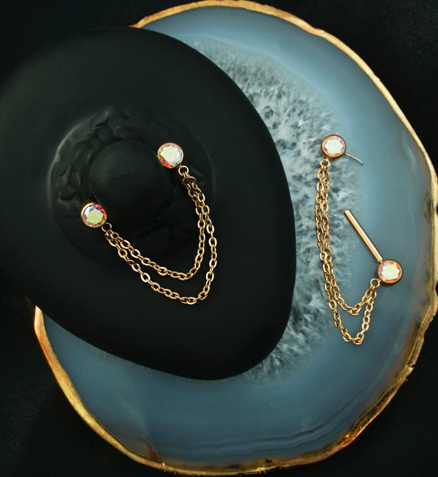 Rose Gold PVD Front Facing Rainbow Aurora CZ Double Dangle Threadless Titanium Nipple Barbell