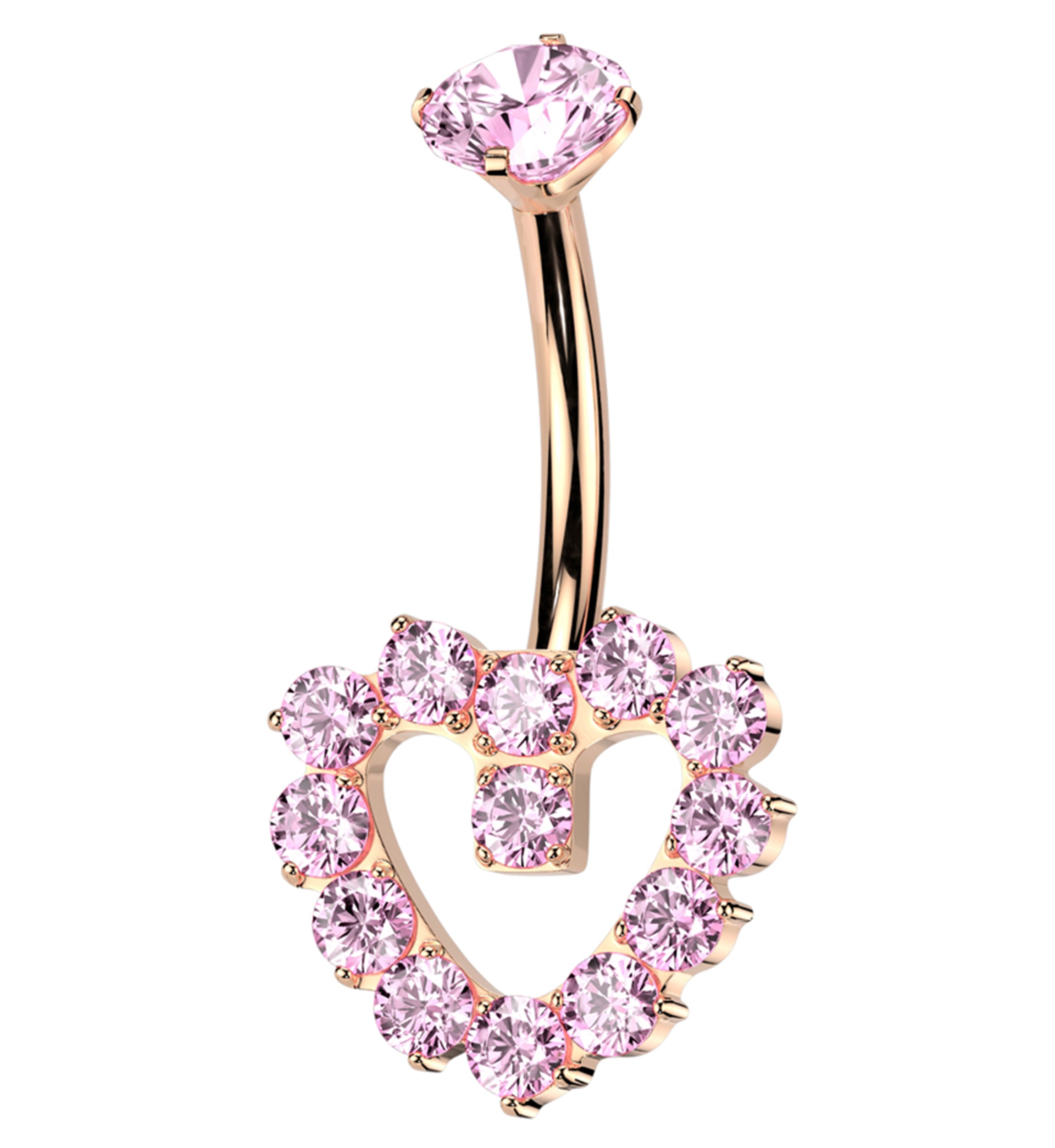 Rose Gold PVD Hollow Heart Pink CZ Titanium Internally Threaded Belly Button Ring