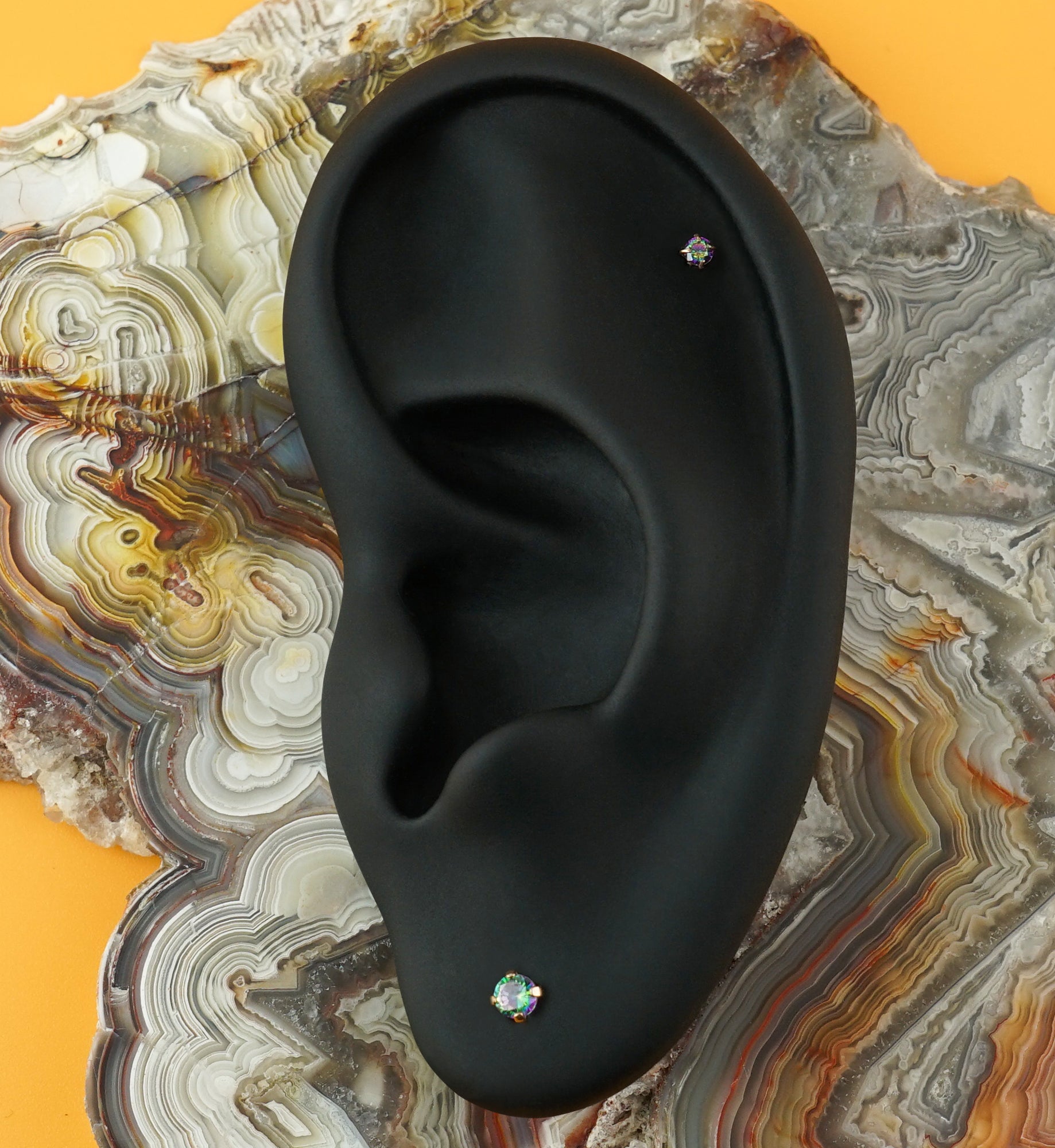 Rose Gold PVD Internally Threaded Black Aurora CZ Prong Mini Disc Labret