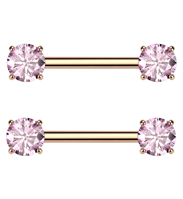 Rose Gold PVD Prong Pink CZ Threadless Titanium Nipple Barbells