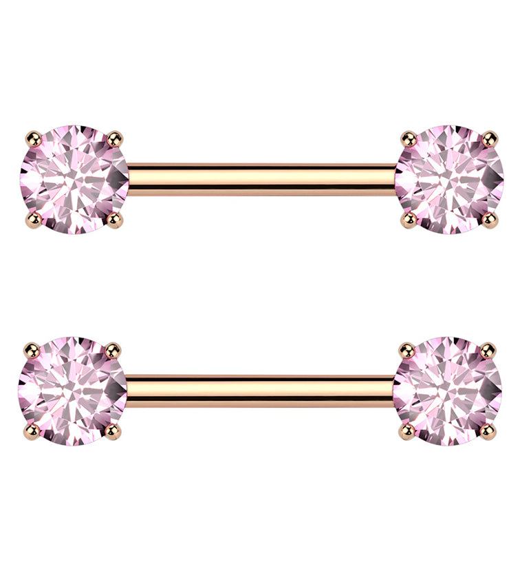 Rose Gold PVD Prong Pink CZ Threadless Titanium Nipple Barbells