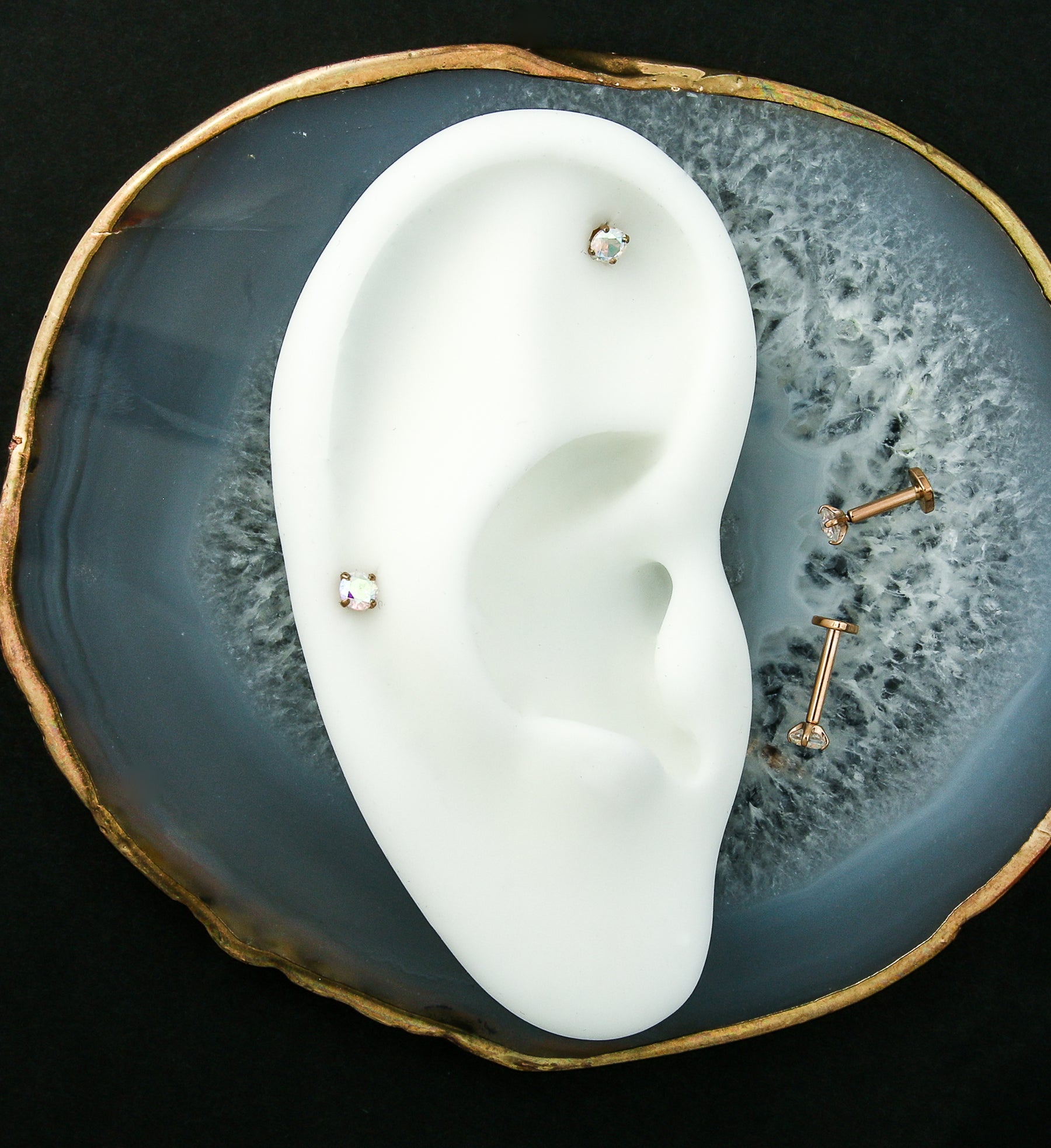 Rose Gold PVD Prong Rainbow Aurora CZ Internally Threaded Titanium Hea