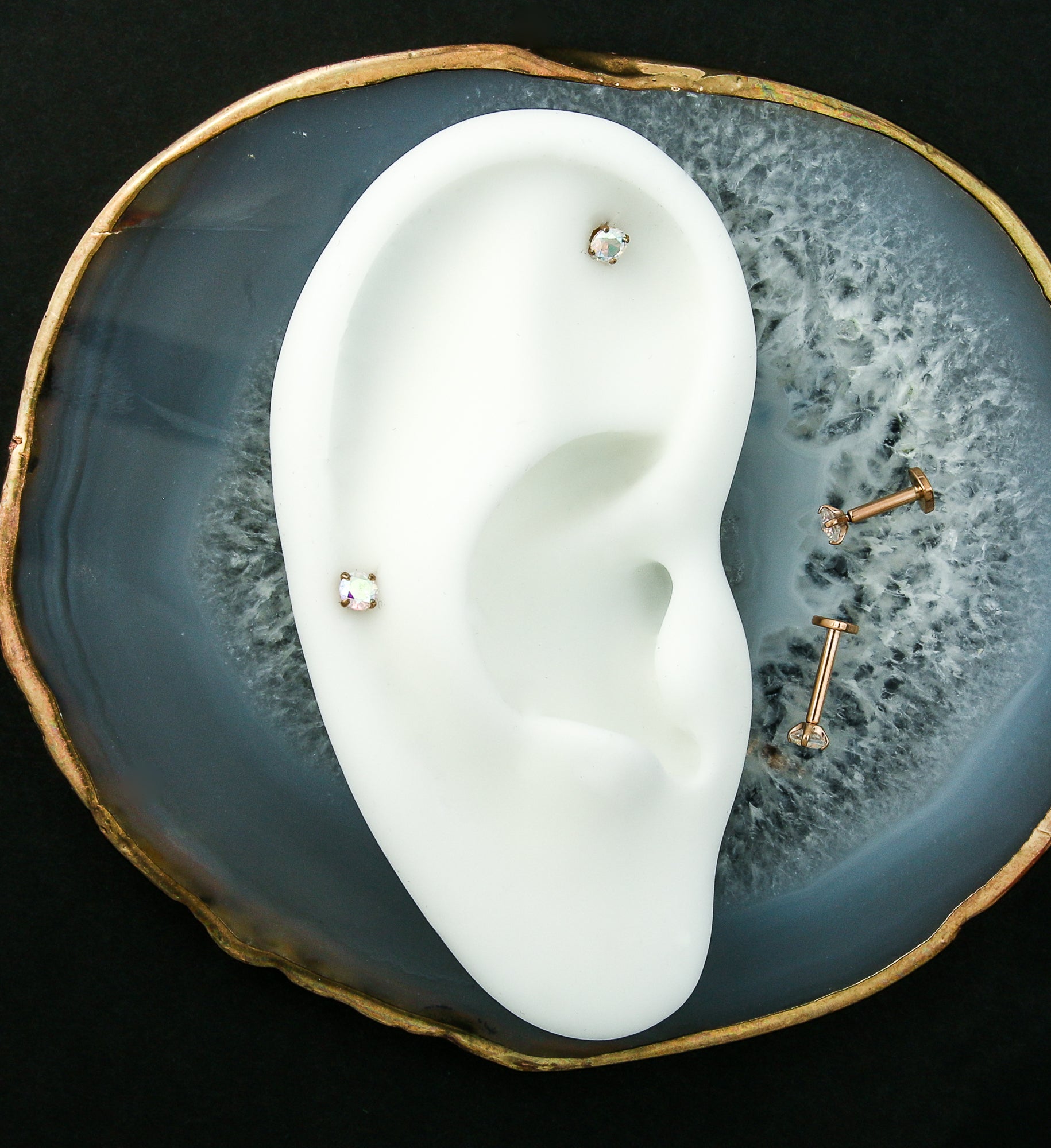 Rose Gold PVD Prong Rainbow Aurora CZ Internally Threaded Titanium Heart Disk Labret